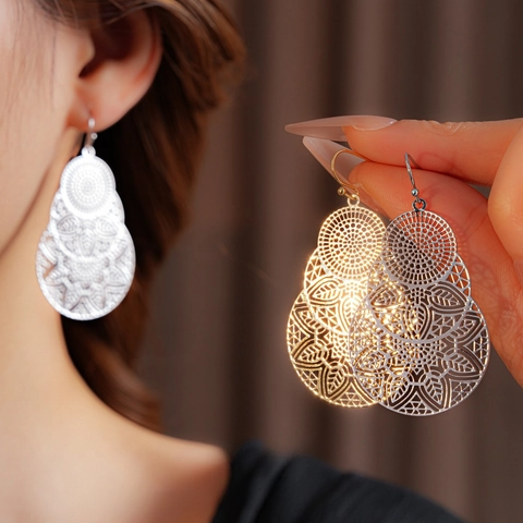 Pendientes Colgantes Redondos Huecos De Mandala Para Mujer Pendientes De Cobre Bohemios Vintage Con Poste De Acero