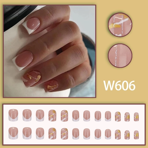 White French Tip Press On Nails Short Square Round Artificial Nails With Marble Pattern Gold Foil Decor For Women