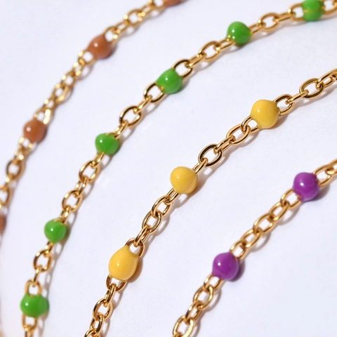 French Vintage Stainless Steel Enamel Bead Bracelet For Women Gold Plated Thin Chain Color Bead Jewelry Gift