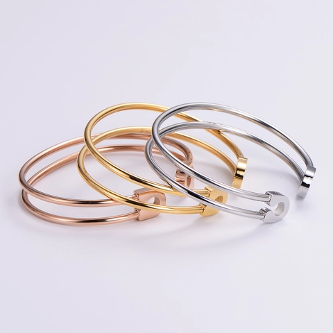 Brazalete Abierto Hueco Geométrico Acero Inoxidable 304 Diseño Alfiler De Seguridad Joyería Minimalista Para Mujer