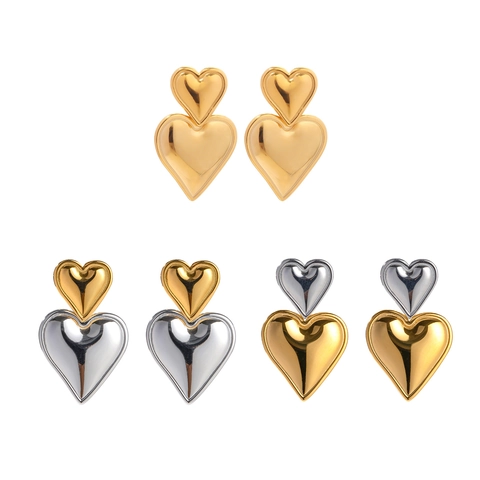 European American Stainless Steel Double Heart Layered Stud Earrings For Women High End Fashion Minimalist Geometric Jewelry Gift