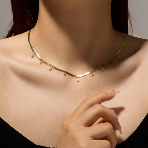 925 Sterling Silver Herringbone Chain Necklace For Women 18K Gold Plated Zirconia Pendant Clavicle Chain Fashion Jewelry Gift