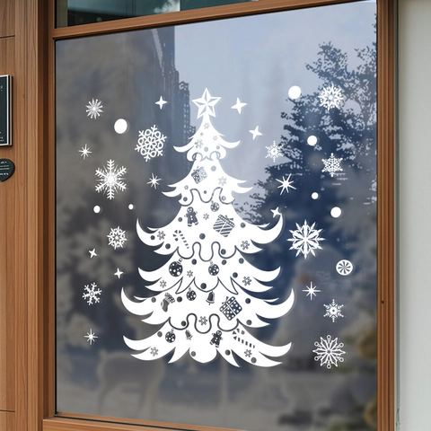 Christmas Tree Window Sticker Static Cling White Snowflake PVC Glass Decoration Glue Free Festive Showcase Ornament