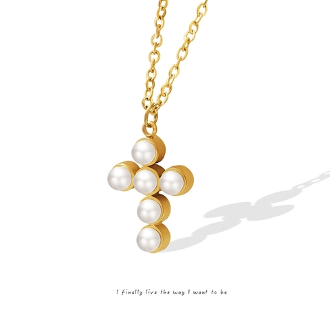 Franse Elegante Gouden Titanium Stalen Kruis Hanger Ketting Met Witte Imitatie Kunstparels Minimalistische Sleutelbeenketing Sieraden Voor Dames