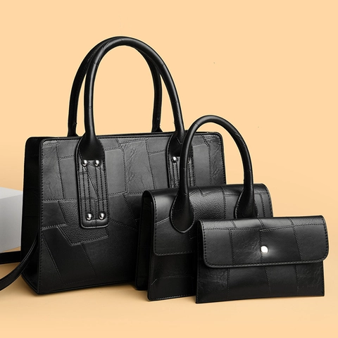 Geometric Stitching PU Leather Tote Handbag And Wallet Retro Rivet Large Capacity Minimalist Women Shoulder Bag