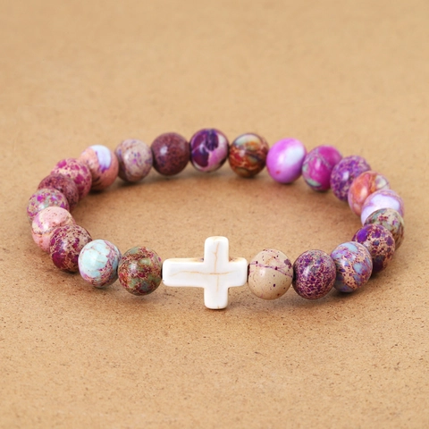 Bracciale di Perline in Pietra Lavica Naturale Con Ciondolo a Croce in Conchiglia Fatto a Mano Religioso Energia Gioielli Donna Uomo