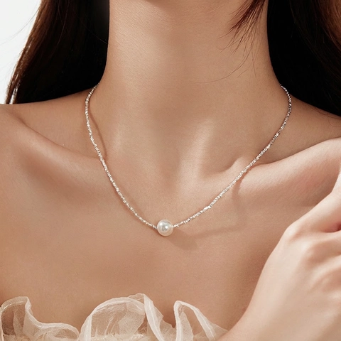 Collar de Plata de Ley 925 con Perla Artificial para Mujer Gargantilla Minimalista Textura de Plata Fragmentada Joyería de Moda