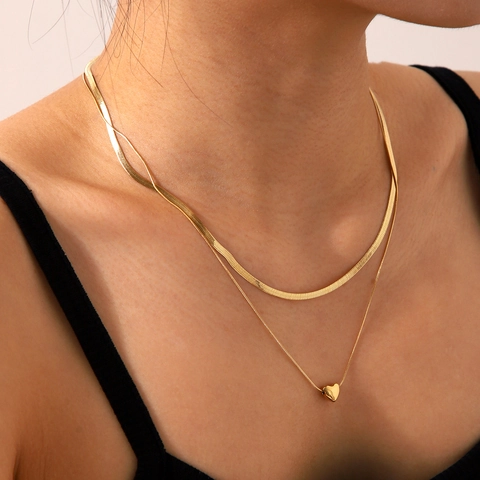 Collana Doppio Strato In Acciaio Inossidabile Catena A Serpente Ciondolo A Cuore Catena A Lama Moda Minimalista Per Donne