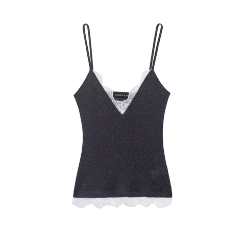 Canotta In Maglia Da Donna Scollo A V Bordo In Pizzo Spalline Sottili Canottiera Sexy Top Senza Maniche