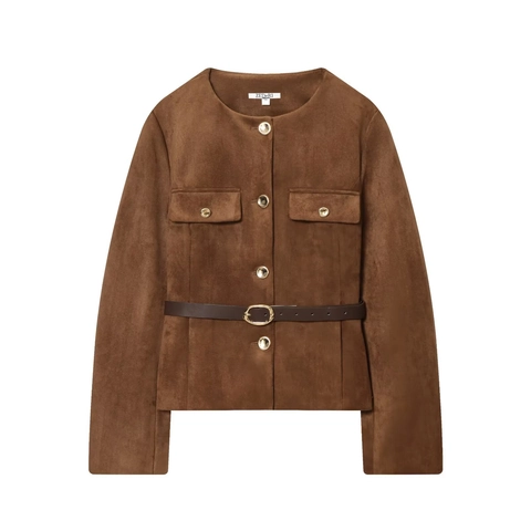 Chaqueta Corta De Gamuza Sintética Para Mujer Cuello Redondo Manga Larga Blazer Elegante Color Sólido Con Cinturón Botones Metálicos