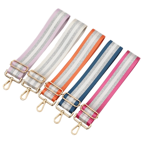 Adjustable Wide Polyester Bag Strap With Silver Wire Stripes Replacement Shoulder Crossbody Handbag Strap Metal Buckle Accessories For Women