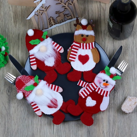 Kerst Bestekhouder Zilverwerk Tas Kerstman Kabouter Sneeuwpop Rendier Gebreid Polyester Eettafel Decoratie