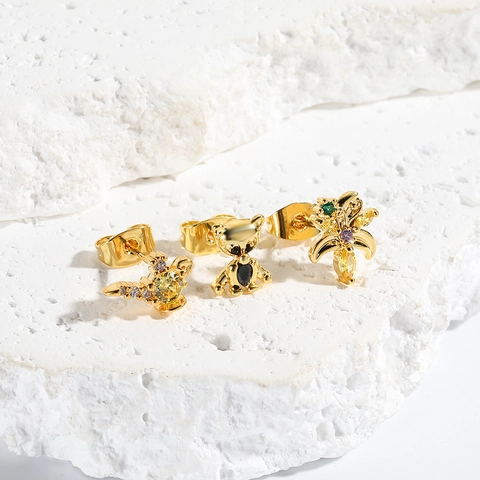 Boucles D'oreilles À Tige Animal Ours Fleur En Zircon Avec Tige En Argent Sterling 925 Bijoux De Dessin Animé