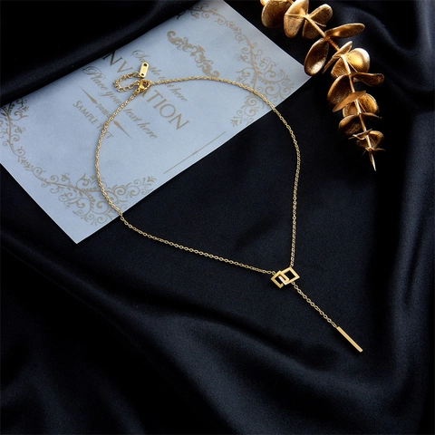 Mode Titaniumstaal Goud Geometrisch Vierkant Dubbele Ring Lange Balk Hanger Y-Vormige Kwastje Halsketting Voor Vrouwen Sieraden