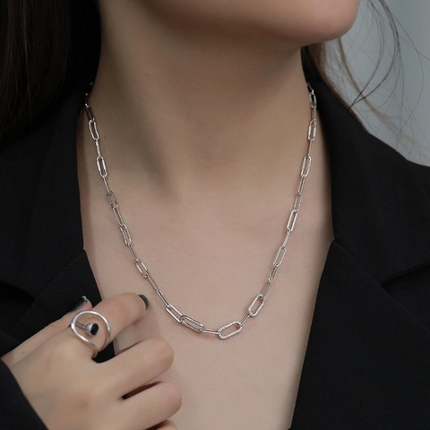 925 Sterling Silver Paperclip Chain Necklace For Women Punk Pave Zirconia Links Gold Silver Plated Hip Hop Jewelry Gift
