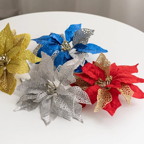 Artificial Poinsettia Christmas Flowers Glitter Shimmer Fabric Plastic Mesh Floral Ornaments For Xmas Tree Wreath Garland
