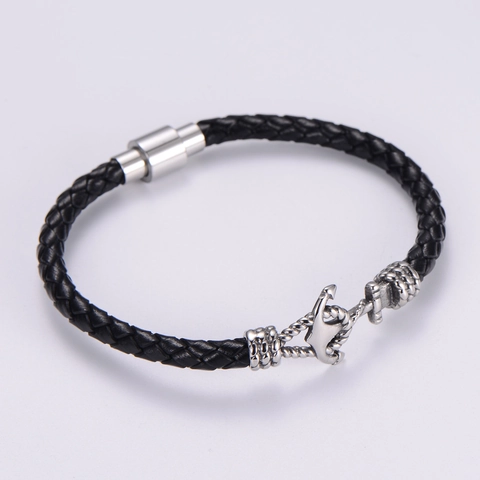Men Nautical Anchor Braided Leather Bracelet With Stainless Steel Magnetic Clasp Retro Punk Jewelry Black