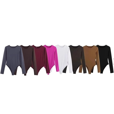 Damen Langarm Body Rundhals Eng Anliegend Elastisch Strick Polyester Hoch Geschnitten Body Jumpsuit Oberteil