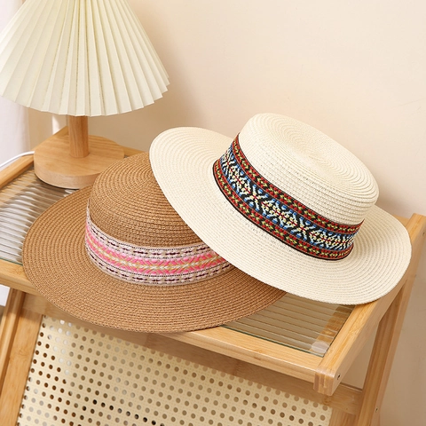 Böhmischer Strohhut Mit Flacher Krone Für Damen Herren Sommer Strand Sonnenschutz Papierstroh Fedora Mit Stickband Dekor