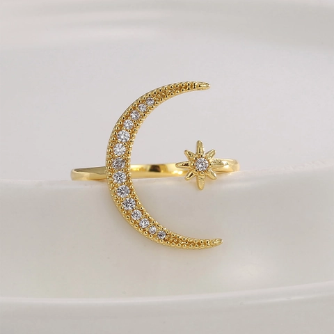 Gold Plated Copper Star Moon Ring Adjustable Open Crescent Cubic Zirconia Trendy Elegant Jewelry Gift Women