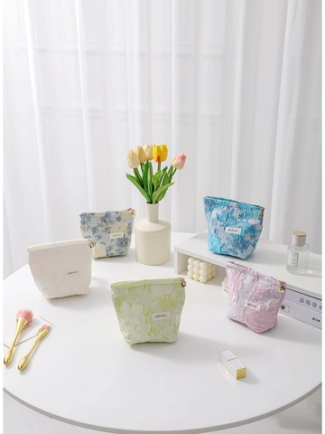 Floral Jacquard Makeup Bag Canvas Cosmetic Pouch Travel Organizer Zipper Closure Portable For Women Elegant Storage