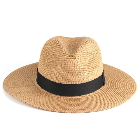 Cappello Fedora Panama in Paglia Intrecciata Unisex Estivo Tesa Larga Protezione Solare Anti-UV Cappello da Spiaggia Con Nastro Nero