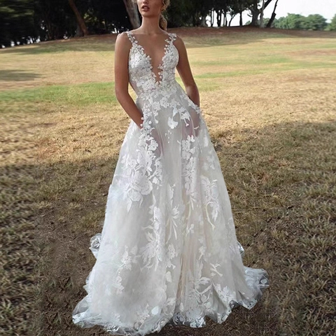 Women V Neck Floral Lace Wedding Dress Sleeveless Spaghetti Strap Bridal Gown Sexy A Line Evening Party Maxi Dress