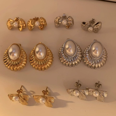 Stainless Steel Bow Artificial Pearl Stud Earrings Vintage Elegant Simple Versatile Jewelry For Women