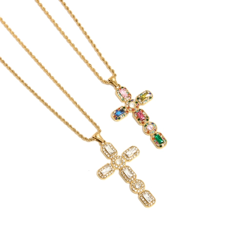 18K Gold Plated Stainless Steel Cross Pendant Necklace For Women Inlaid Multi-color Rhinestone Personalized Christian Jewelry Gift
