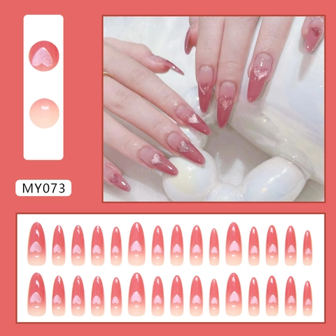 Press On Nails Lange Mandelform Katzenaugeneffekt Herzmuster Verlauf Rosa Glänzend Süßes Mädchen Falsche Nägel Kunststoff