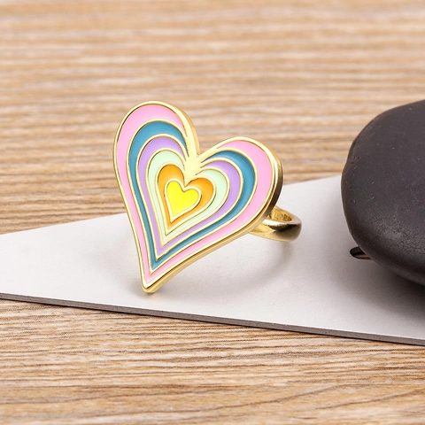 Anillo Corazón En Capas Cobre Bañado En Oro 18K Esmalte Colorido Aceite Gota Apertura Ajustable Joyería Moda Mujer