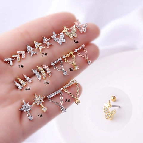 Korean Style Cartilage Piercing Studs Stainless Steel Post Copper Zircon Inlaid Butterfly Star Helix Earrings Screw Back