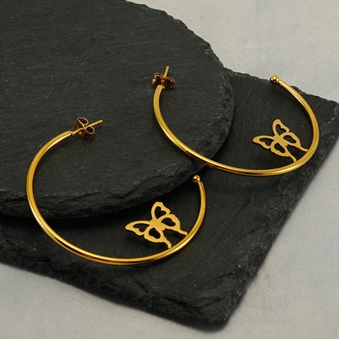 Schmetterling Creolen 18K Vergoldeter Edelstahl Hohl Schmetterling Geometrisch Rund Minimalistisch Für Damen