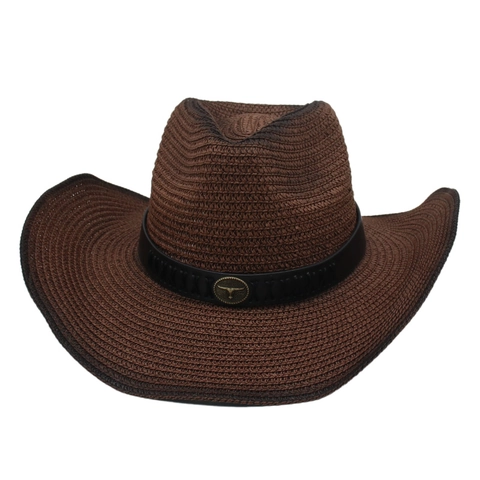 Western Cowboy Hat Woven Straw Wide Brim With Cattle Head Emblem Sun Protection Beach Style For Men And Women