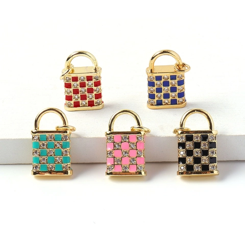 Mini Ciondoli A Lucchetto Per La Creazione Di Gioielli Rame Placcato Oro Reale Zirconia Cubica Smalto A Scacchiera Ciondoli Per Accessori Collana Braccialetto DIY