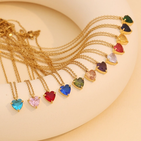Collar Con Colgante De Piedra De Nacimiento De Corazón Acero Inoxidable Chapado En Oro Joyería Elegante Para Mujer