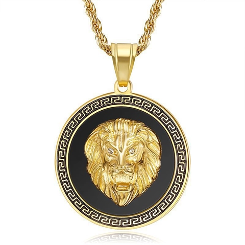 Collana Con Pendente Testa Di Leone Hip Hop Acciaio Inossidabile Placcato Oro Strass Motivo Greco Per Uomo
