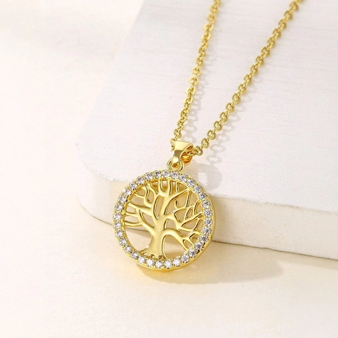 Tree Of Life Pendant Necklace Zinc Alloy Cubic Zirconia Round Hollow Adjustable Chain Elegant Jewelry For Women