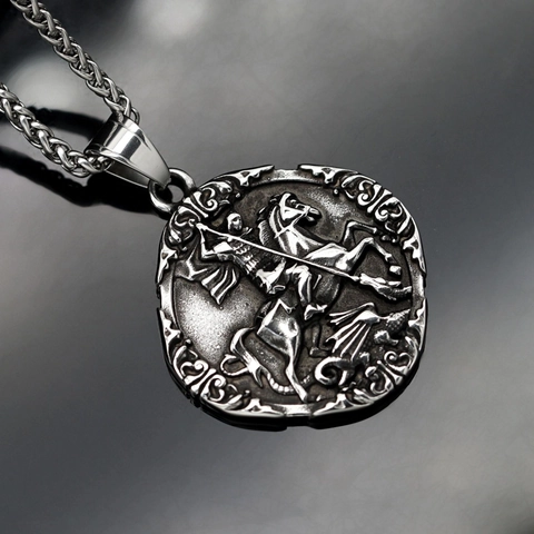 Collar Con Colgante De Relieve San Jorge Matando Al Dragón Acero Inoxidable Pulido Redondo Vintage Nórdico Joyería Vikinga Para Hombre