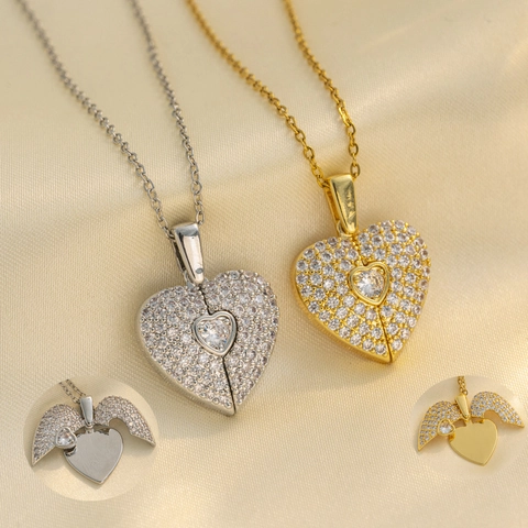Titanium Stahl Herz Medaillon Halskette Mit Zirkonia Öffnbarer Engel Flügel Anhänger Für Damen Mode Schmuck Geschenk