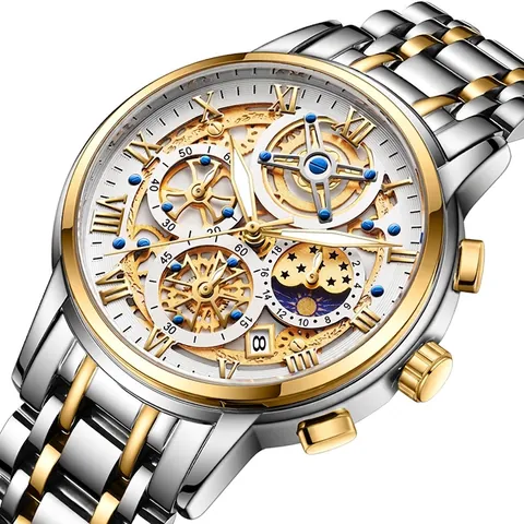Men Quartz Watch Luxury Business Skeleton Design Waterproof Luminous Moon Phase Stainless Steel Strap Multifunctional