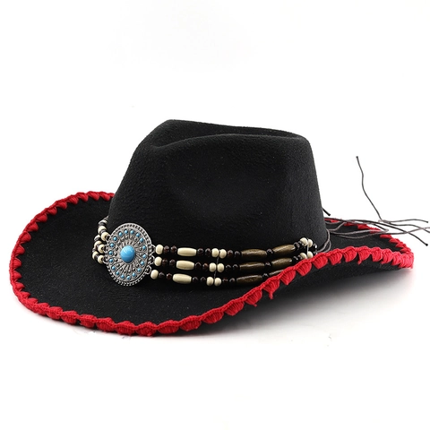 Western Cowboy Hat Cotton Polyester Felt Wide Brim Ethnic Bohemian Beaded Turquoise Jazz Fedora For Women And Men