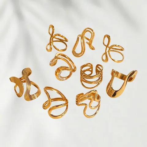 Stainless Steel Irregular Wave Rings 18K Gold Plated Hollow Line Wrap Adjustable Zirconia Jewelry For Women