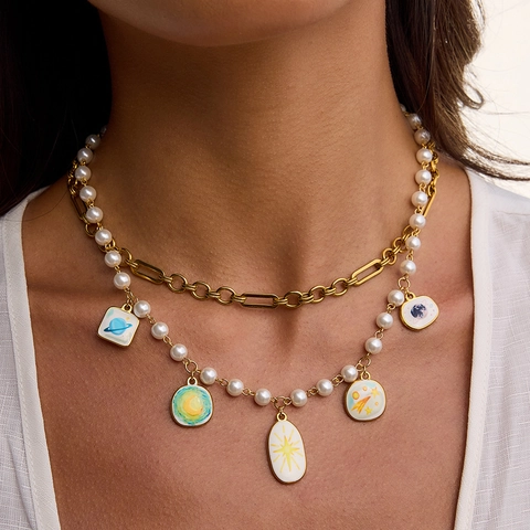 Collar De Capas De Acero Inoxidable Perla Artificial De Imitación Espacio Planeta Saturno Luna Dijes Esmalte Joyería Astronomía Mujer