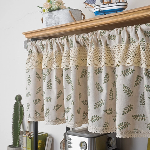 American Pastoral Short Curtains For Kitchen Cabinet Polyester Cotton Floral Olive Leaf Plaid Letter Print Cafe Rod Pocket Tiers