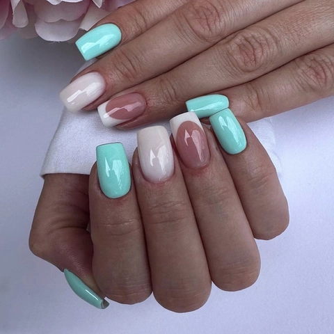 Unghie Finte Press On Verde Menta Argento Aurora French Tip Quadrate Manicure Lucida Per Donne Stile Dolce Elegante