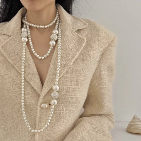 Französische Elegante Mehrlagige Imitationsperlen Lange Halskette Mit Strasskugeln Vintage Luxus Pulloverkette Für Damen