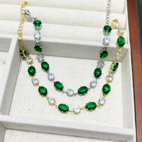 Bracciale Zirconia Smeraldo Verde Bianco Ovale Rame Placcato Oro Gioielli Eleganti Regolabili Per Donna