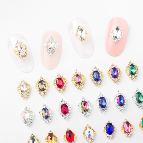 Oval Crystal Rhinestone Nail Art Decorations Zinc Alloy Metal Charms Vintage Gold Silver Plated Manicure Ornaments