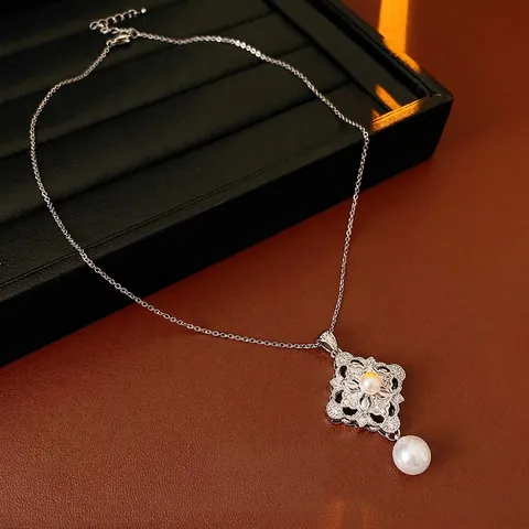 Collana Con Pendente Fiore Rombo Vintage Francese Rame Con Perla Artificial E Zircone Catena Clavicola Gioielli Eleganti Donna